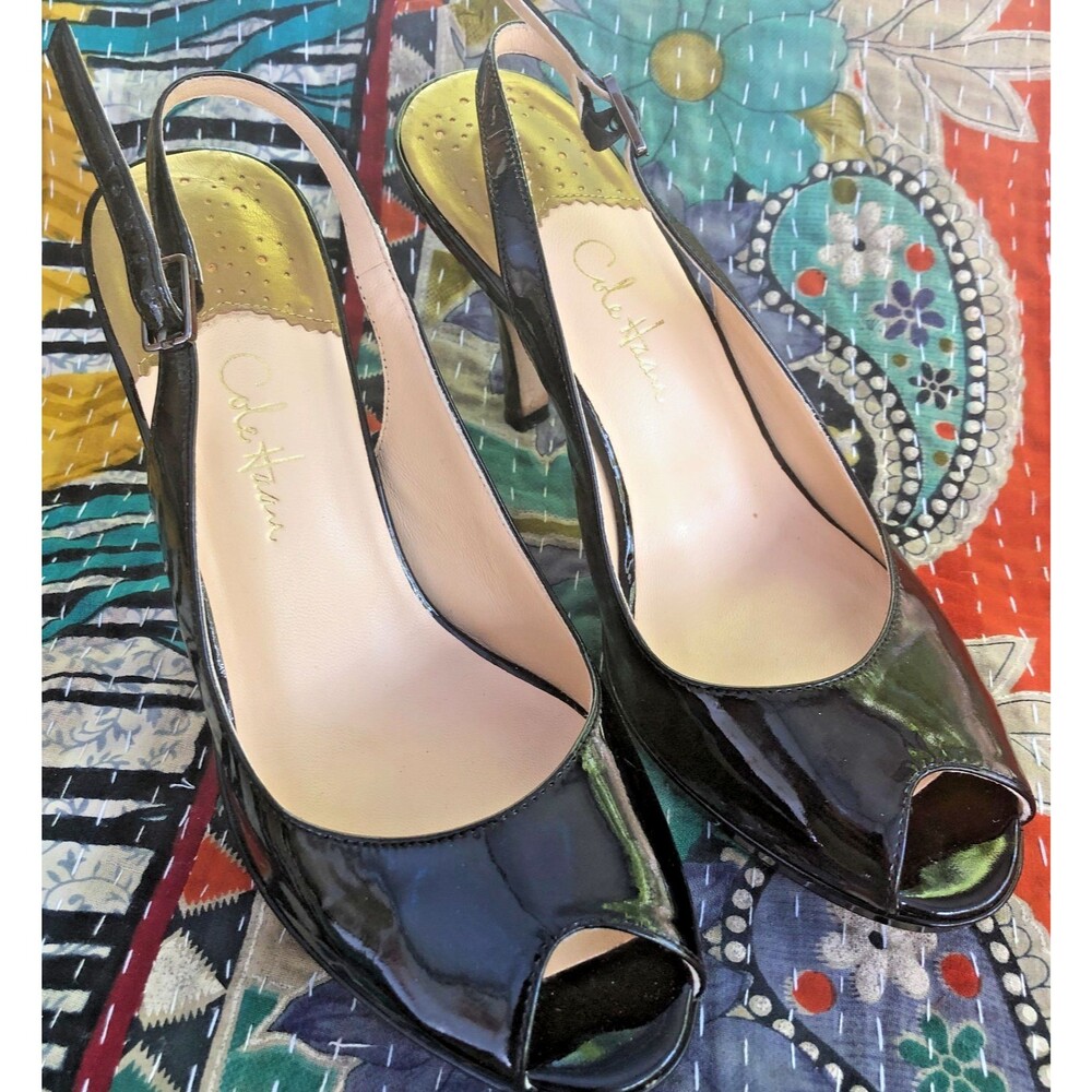 Cole Haan PeepToe Black patent Slingback Heels Buckle metallic heels 6B
